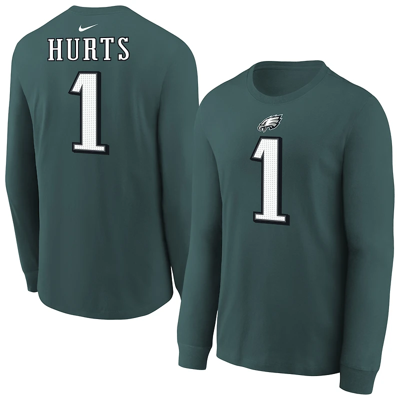 T-shirt à manches longues Nike Jalen Hurts pour jeunes, vert nuit, avec nom et numéro du joueur des Philadelphia Eagles