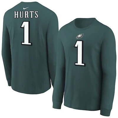 T-shirt à manches longues Nike Jalen Hurts pour jeunes, vert nuit, avec nom et numéro du joueur des Philadelphia Eagles