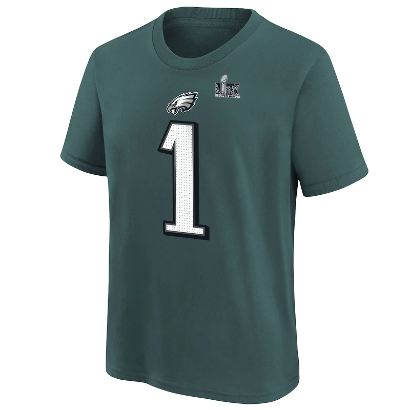 Youth Nike Jalen Hurts Midnight Green Philadelphia Eagles Super Bowl LIX Player Name & Number T-Shirt