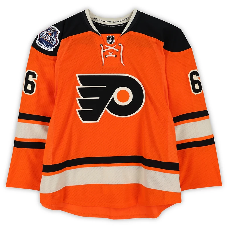 Maillot orange Reebok n° 6 porté par Andreas Lilja (Flyers de Philadelphie) lors de l'entraînement contre les Rangers de New York le 2 janvier 2012 - Classique hivernale de la LNH - Porté pendant l'échauffement