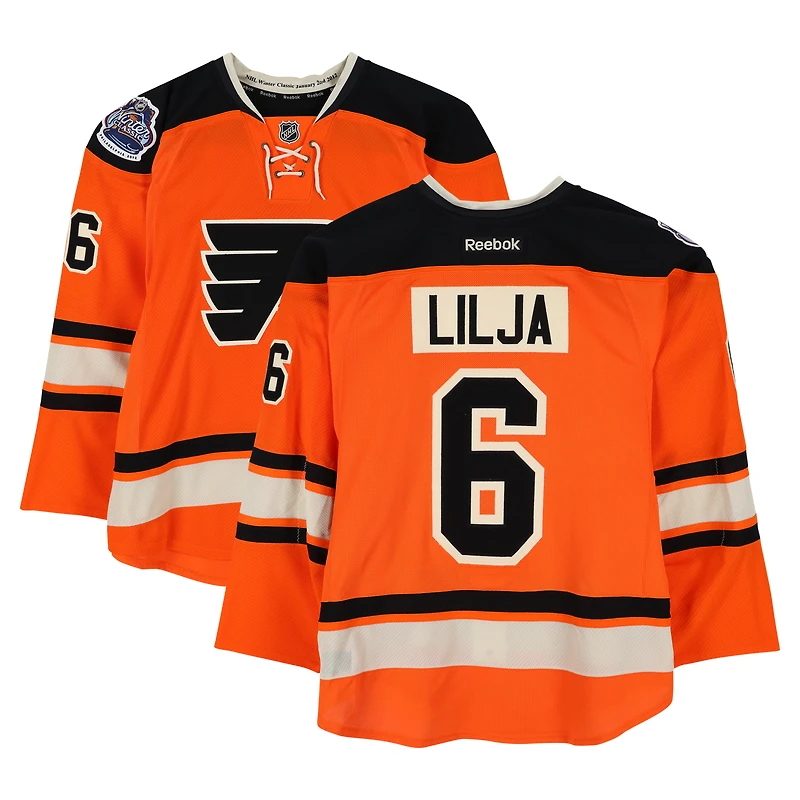 Andreas Lilja Philadelphia Flyers Practice-Used #6 Orange Reebok Jersey vs. New York Rangers on January 2, 2012 - NHL Winter Classic - Worn During Warm-Ups