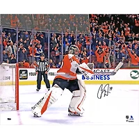 Carter Hart Philadelphia Flyers Autographed 16" x 20" Orange Jersey Celebration Photograph
