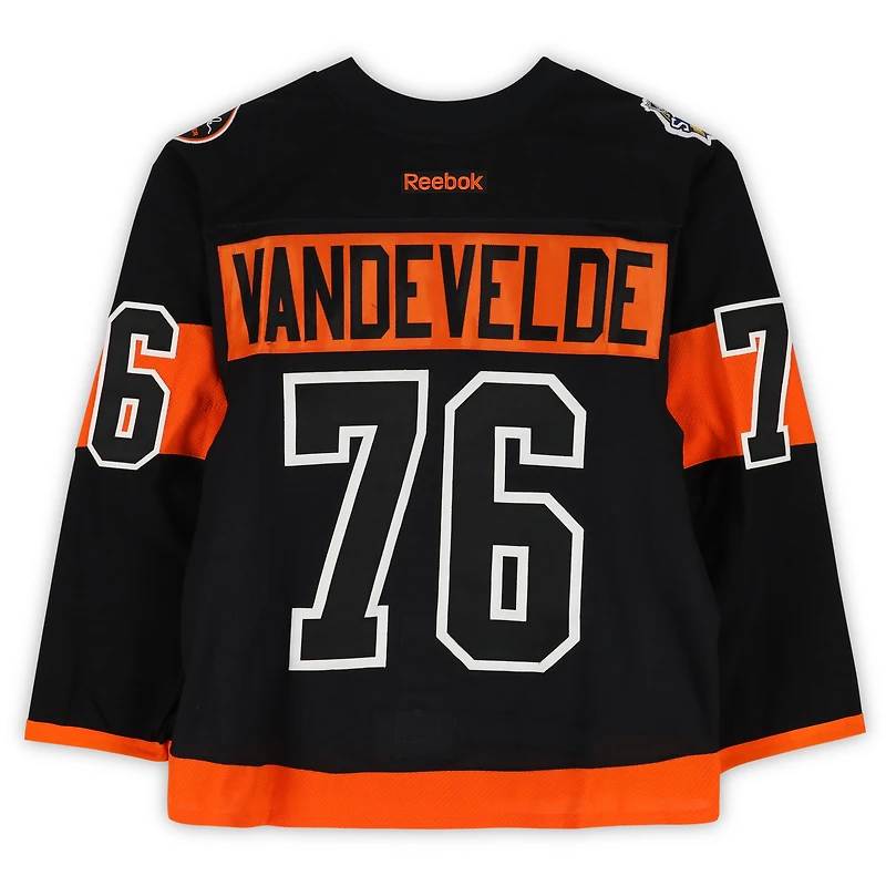 Chris VandeVelde Philadelphia Flyers Practice-Used #76 Black Reebok Jersey vs. Pittsburgh Penguins on February 25, 2017 - NHL Stadium Series - Worn During Warm-Ups