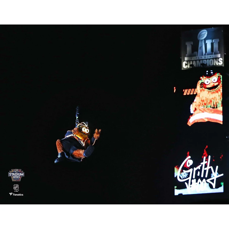 Gritty Philadelphia Flyers Unsigned 2019 Stadium Series Rappelling Entrance Photograph
