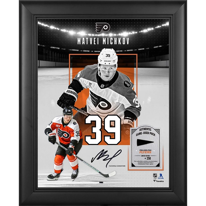 Collage encadré 11 x 14 pouces, signature fac-similé de Matvei Michkov (Flyers de Philadelphie), avec un morceau de rondelle utilisée en match - Édition limitée à 250 exemplaires