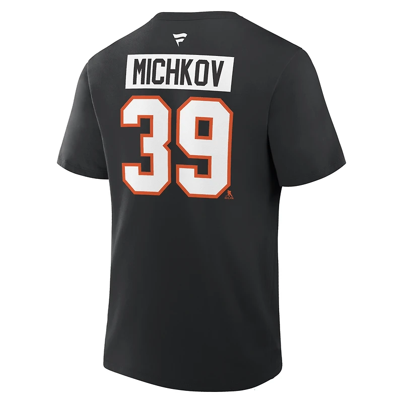 T-shirt authentique Fanatics Matvei Michkov noir des Flyers de Philadelphie avec nom et numéro superposés