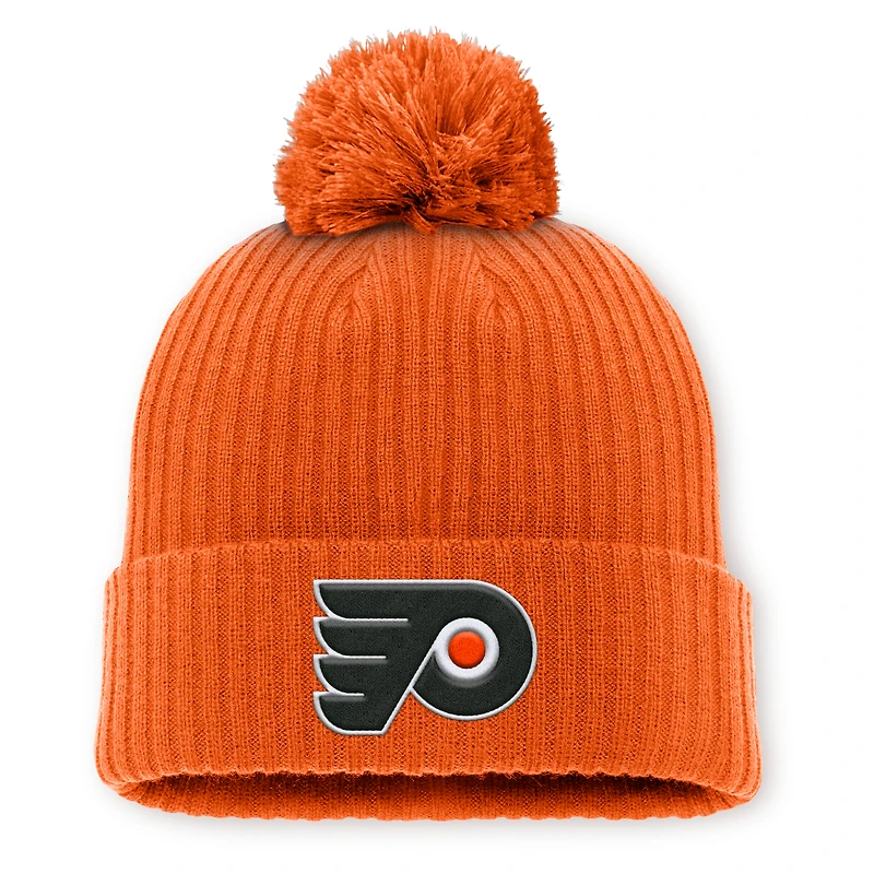 Bonnet en tricot à revers avec logo principal des Flyers de Philadelphie orange Fanatics pour hommes et pompon