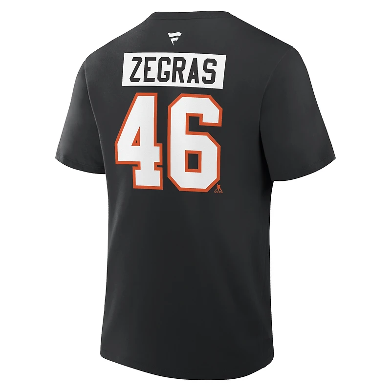 T-shirt authentique Fanatics Trevor Zegras noir des Flyers de Philadelphie avec nom et numéro superposés