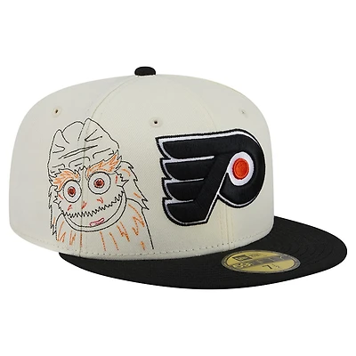 Casquette ajustée New Era 59FIFTY crème/noir pour homme, modèle Philadelphia Flyers, avec coutures personnalisées.
