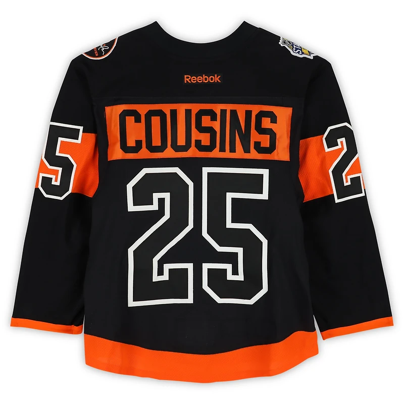 Maillot noir Reebok n° 25 porté par Nick Cousins (Flyers de Philadelphie) lors de l'entraînement contre les Penguins de Pittsburgh le 25 février 2017 - Série des stades de la LNH - Porté pendant l'échauffement