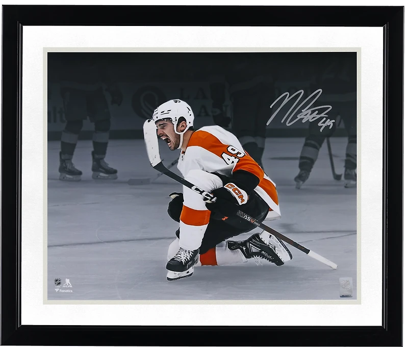 Noah Cates Philadelphia Flyers Autographed 16" x 20" White Jersey Celebrating Spotlight Photograph