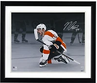 Noah Cates Philadelphia Flyers Autographed 16" x 20" White Jersey Celebrating Spotlight Photograph