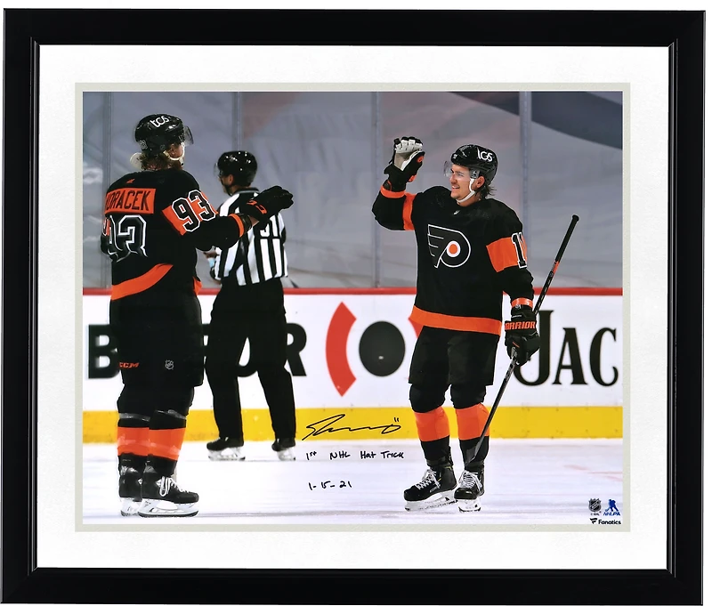 Travis Konecny Philadelphia Flyers Autographed 16" x 20" Hat Trick Celebration Photograph with "1st NHL Hat Trick 1/15/21" Inscription