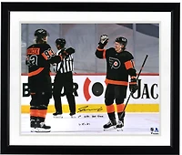 Travis Konecny Philadelphia Flyers Autographed 16" x 20" Hat Trick Celebration Photograph with "1st NHL Hat Trick 1/15/21" Inscription
