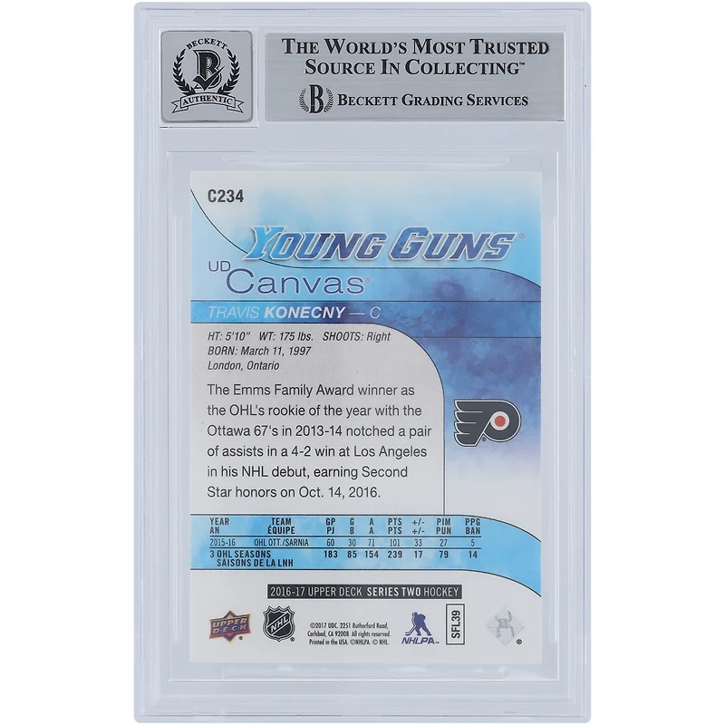 Carte de recrue 9/10 autographiée par Travis Konecny ​​des Flyers de Philadelphie, Upper Deck Series 2 Young Guns 2016-17, #C234, Beckett Fanatics, témoin