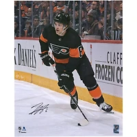 Travis Sanheim Philadelphia Flyers Autographed 16" x 20" Black Alternate Jersey with Puck Photograph