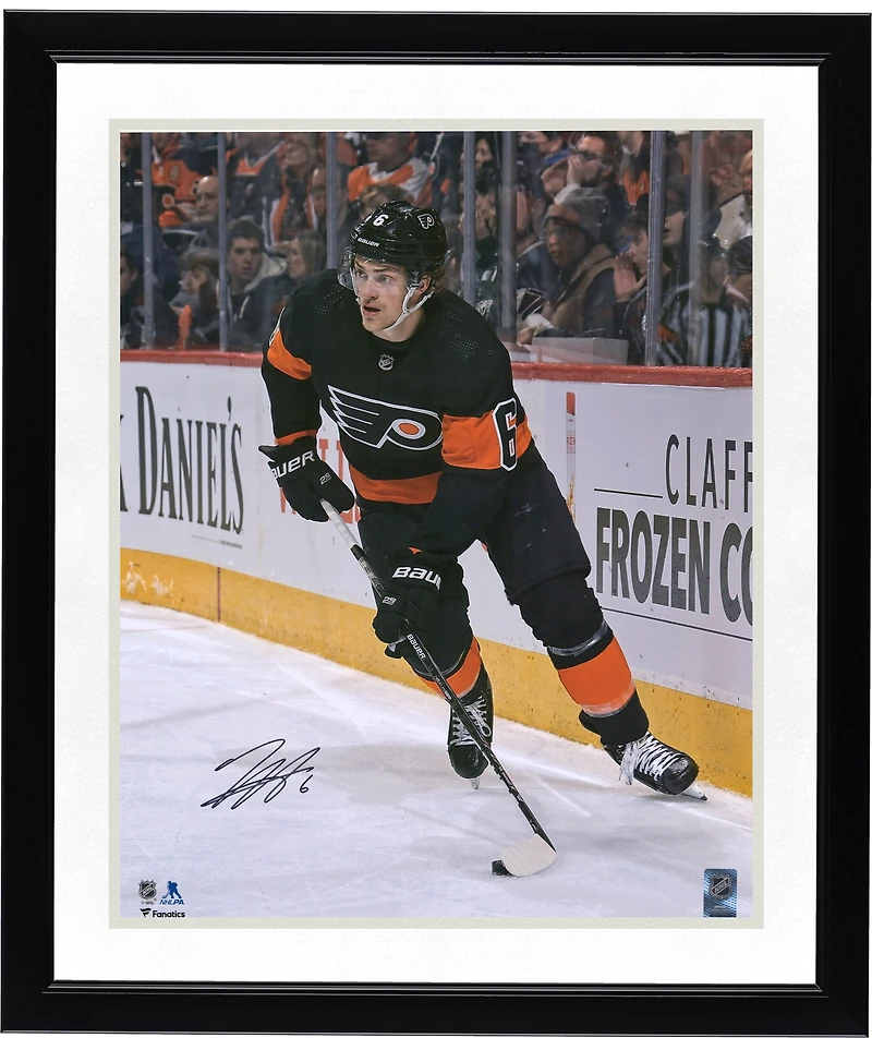 Travis Sanheim Philadelphia Flyers Autographed 16" x 20" Black Alternate Jersey with Puck Photograph