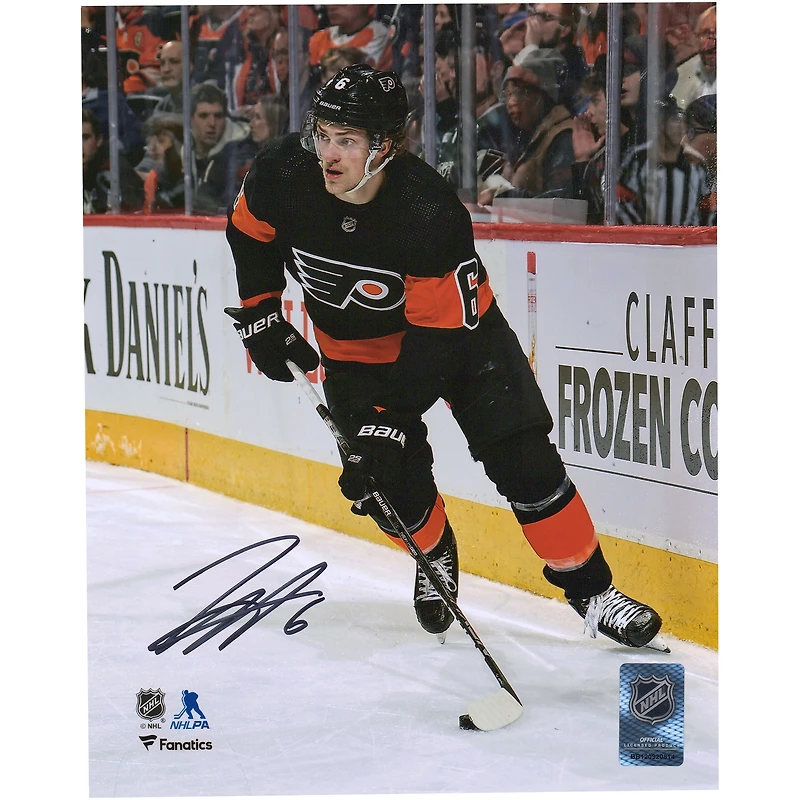 Travis Sanheim Philadelphia Flyers Autographed 8'' x 10'' Black Alternate Jersey with Puck Photograph