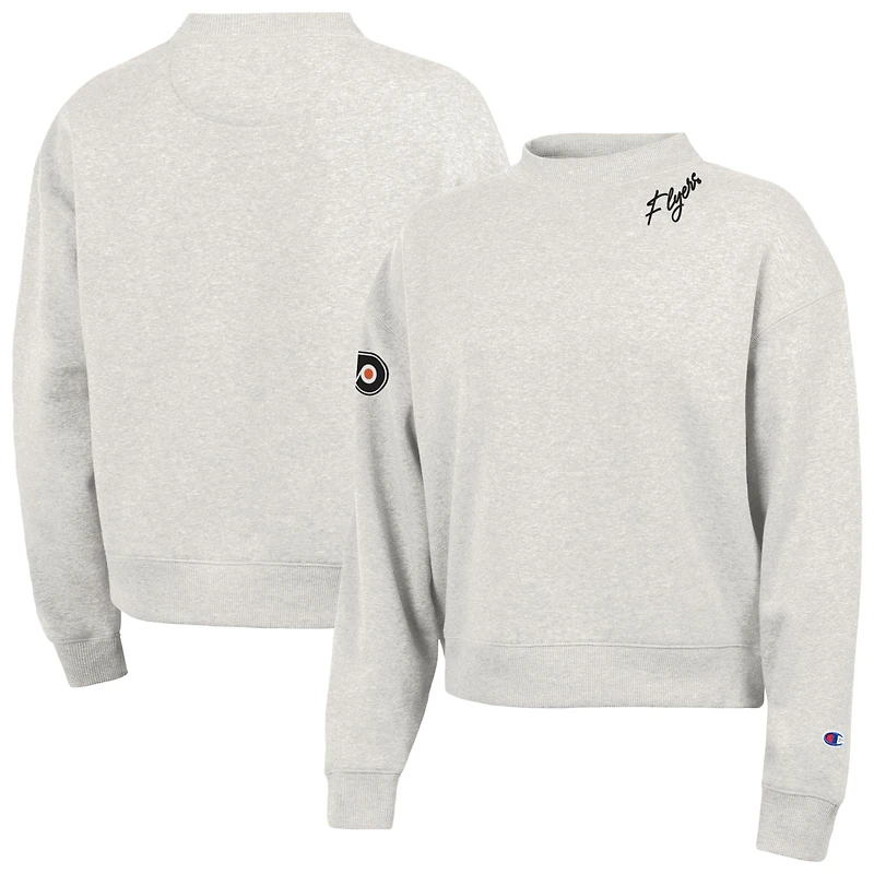 Women's Champion Oatmeal Philadelphia Flyers Collar Script Triumph Fleece Crewneck Sweatshirt