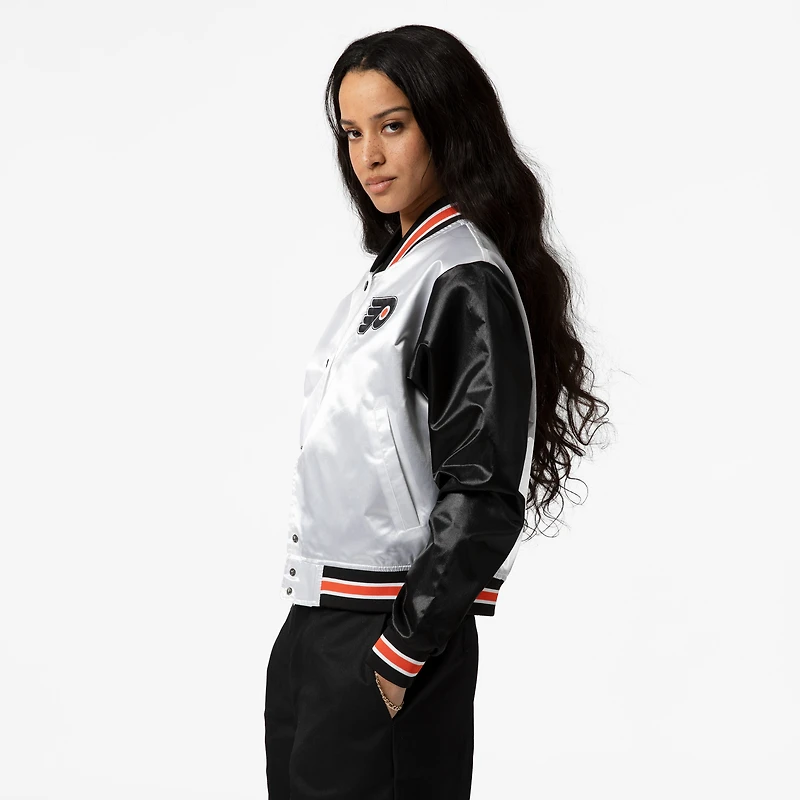 Women's Mitchell & Ness  White Philadelphia Flyers Cropped Satin Full-Snap Jacket