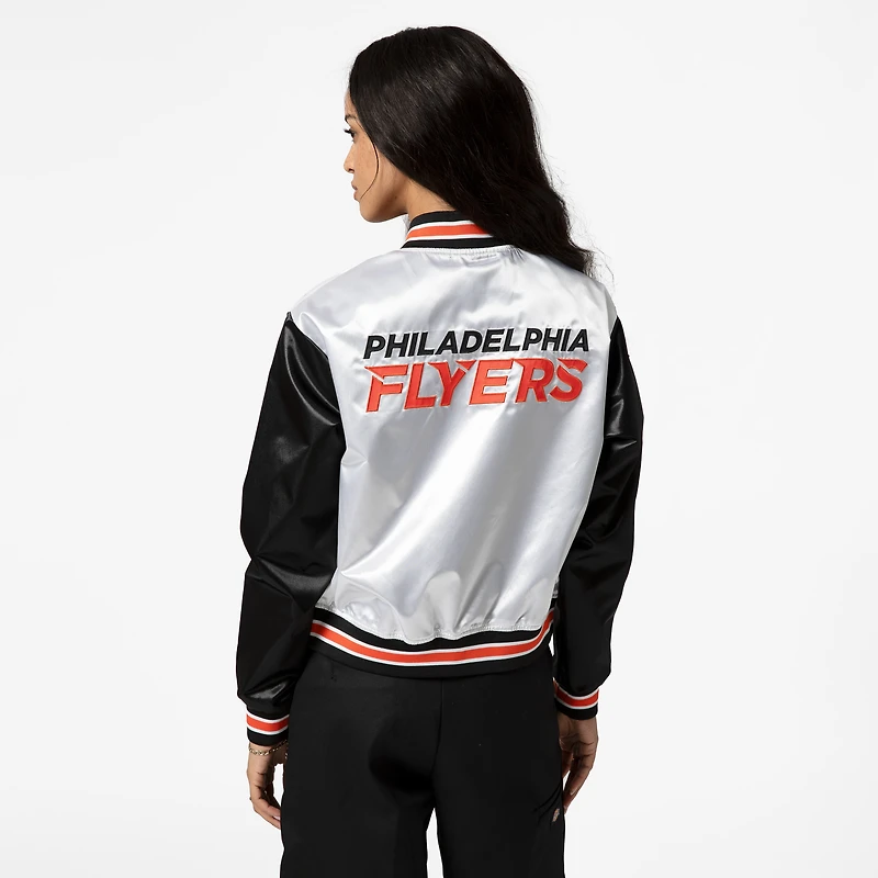 Women's Mitchell & Ness  White Philadelphia Flyers Cropped Satin Full-Snap Jacket