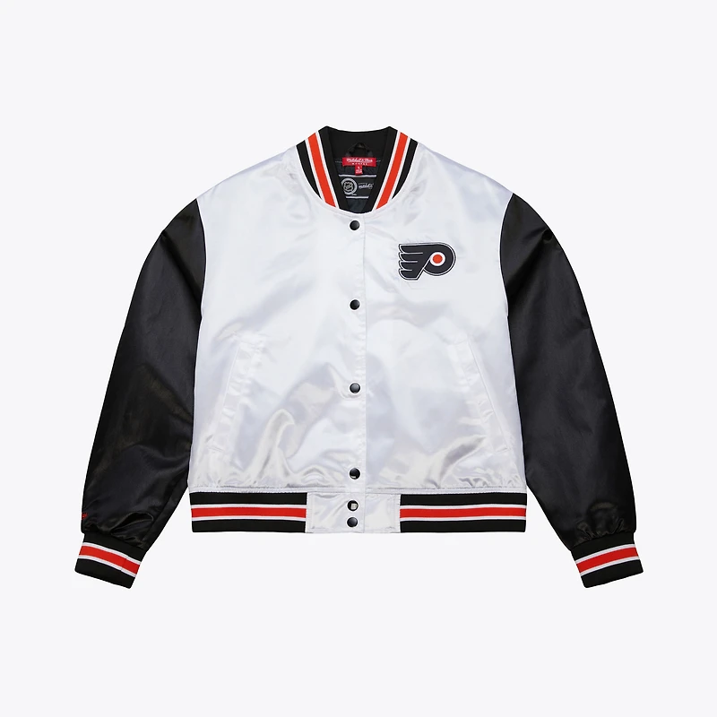 Women's Mitchell & Ness  White Philadelphia Flyers Cropped Satin Full-Snap Jacket