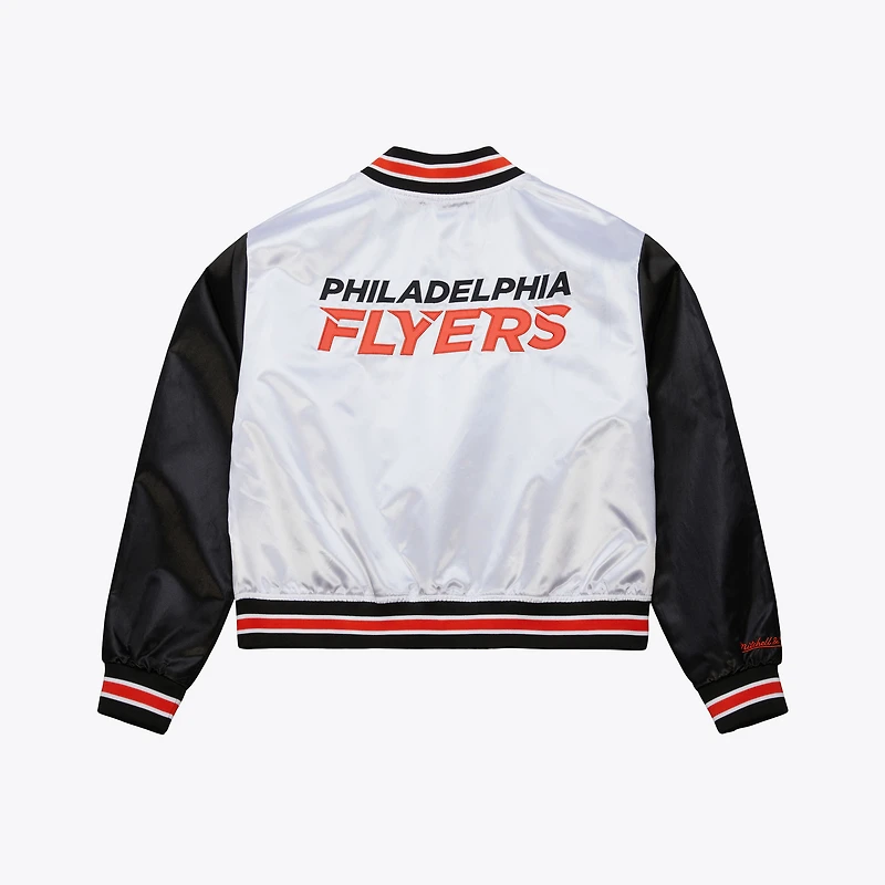 Women's Mitchell & Ness  White Philadelphia Flyers Cropped Satin Full-Snap Jacket