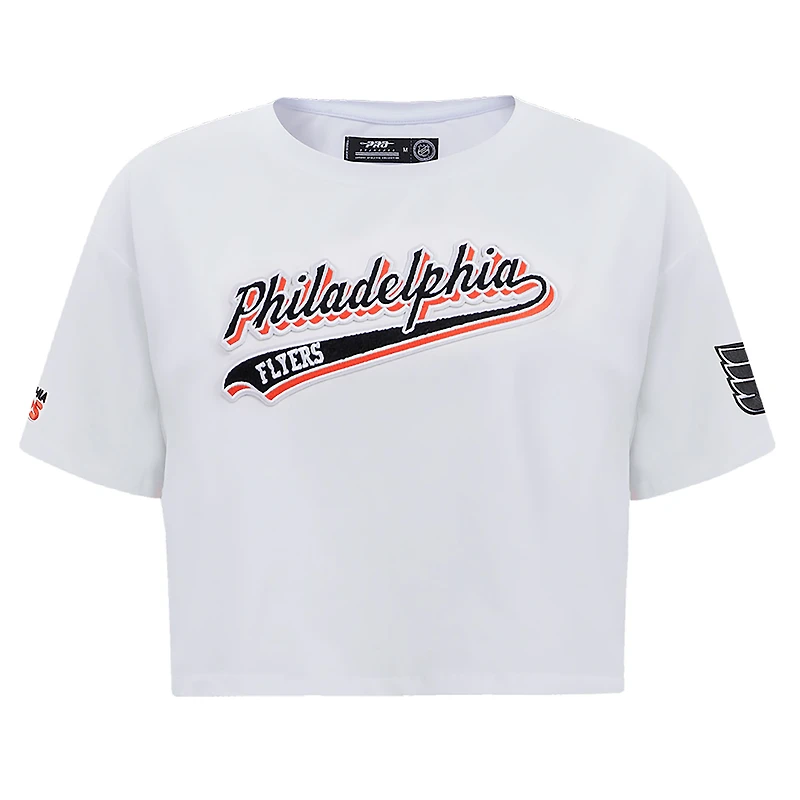 Women's Pro Standard White Philadelphia Flyers Boxy Script Tail Cropped T-Shirt