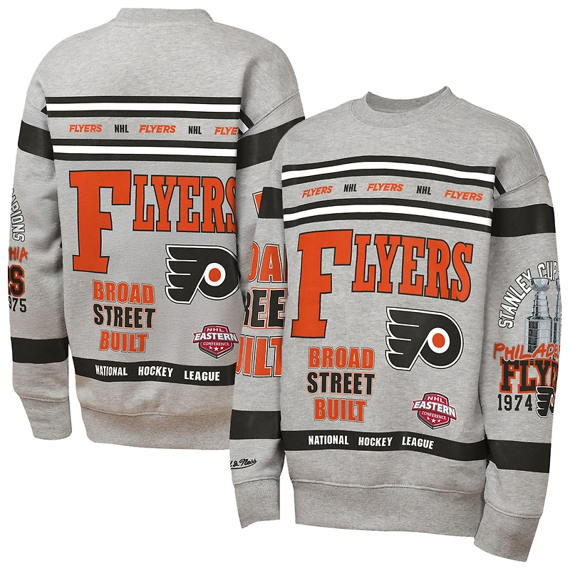 Sweat-shirt ras du cou en molleton imprimé allover gris chiné Mitchell & Ness pour jeunes des Flyers de Philadelphie