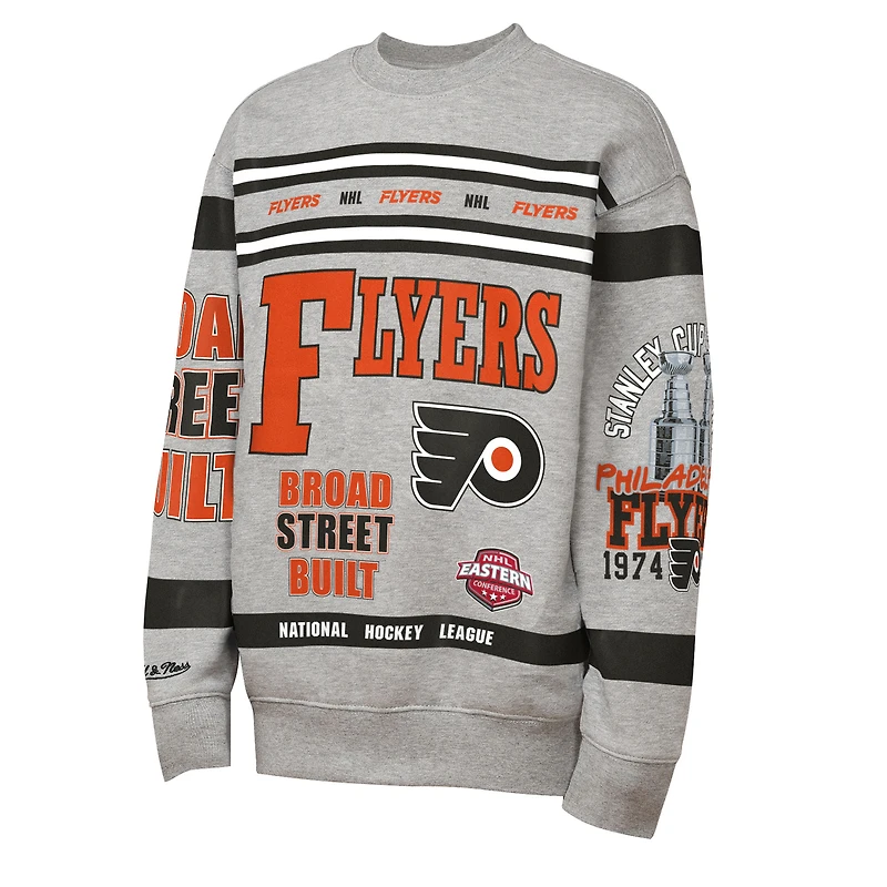 Sweat-shirt ras du cou en molleton imprimé allover gris chiné Mitchell & Ness pour jeunes des Flyers de Philadelphie