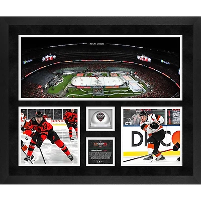 Collage de 3 photographies encadrées de la série 2024 NHL Stadium Series 20'' x 24'' des Flyers de Philadelphie contre les Devils du New Jersey avec de la glace utilisée lors du match - Édition limitée à 500 exemplaires