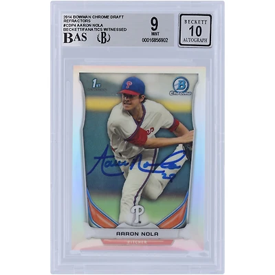 Carte autographiée 9/10 Bowman Chrome Draft 2014 de Aaron Nola des Philadelphia Phillies, 1er Bowman Refractors #CDP4 Beckett Fanatics Witnessed