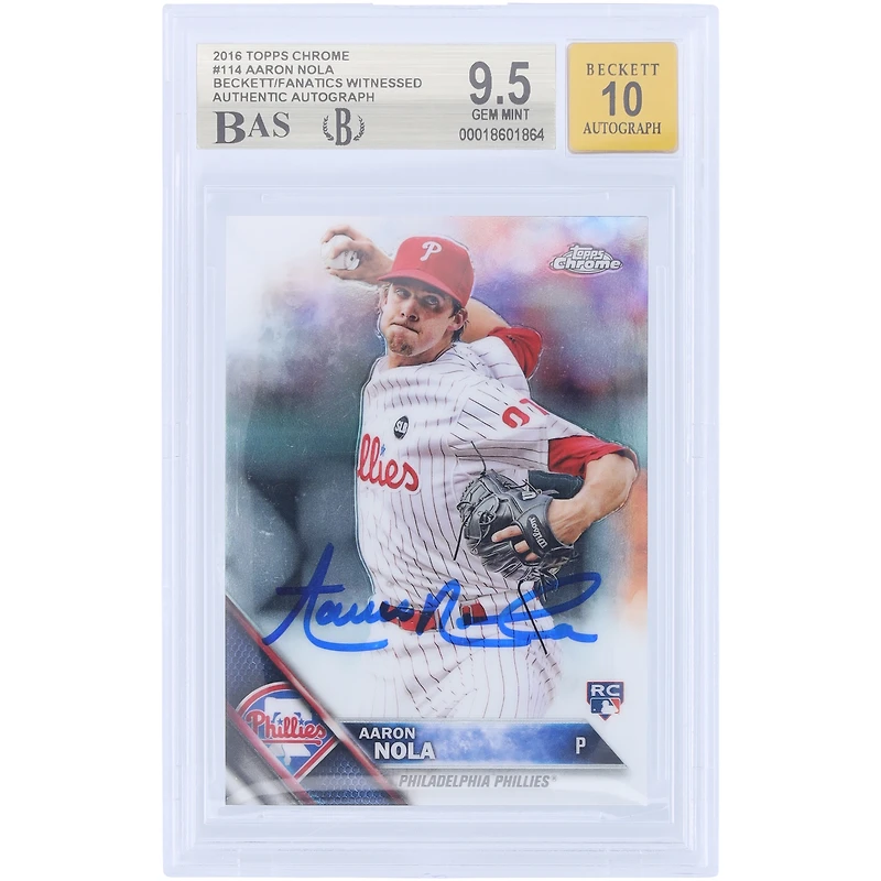 Carte de recrue autographiée d'Aaron Nola (Phillies de Philadelphie), Topps Chrome 2016 n° 114, authentifiée par Beckett Fanatics Witnessed (note 9,5/10).