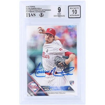 Carte de recrue autographiée d'Aaron Nola (Phillies de Philadelphie), série 1 Topps 2016, n° 133, authentifiée Beckett Fanatics Witnessed (9/10).
