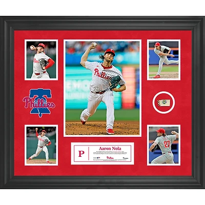 Collage encadré de 5 photos d'Aaron Nola des Philadelphia Phillies avec un morceau de balle utilisée lors du match