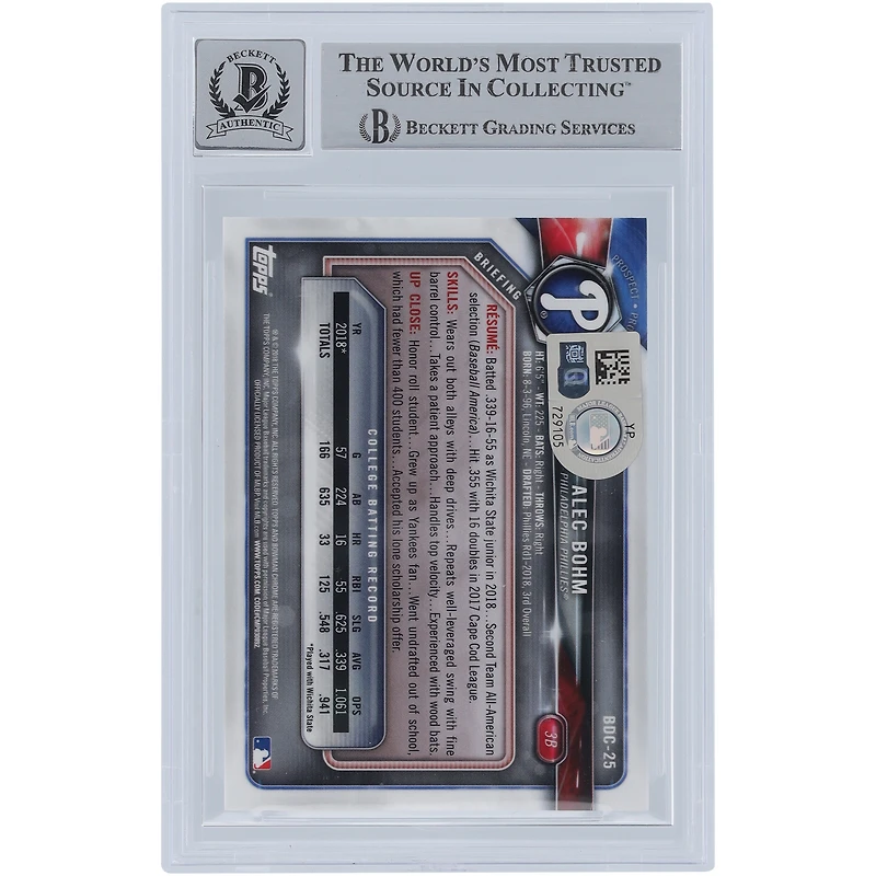 Alec Bohm Philadelphia Phillies Autographed 2018 Bowman Chrome Draft #BDC-25 Beckett Fanatics Witnessed Authenticated 10 Card
