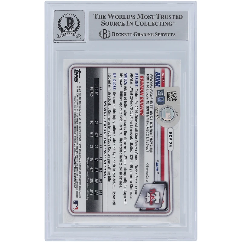 Alec Bohm Philadelphia Phillies Autographed 2020 Bowman Chrome Sapphire Prospects #BCP-29 Beckett Fanatics Witnessed Authenticated 10 Card