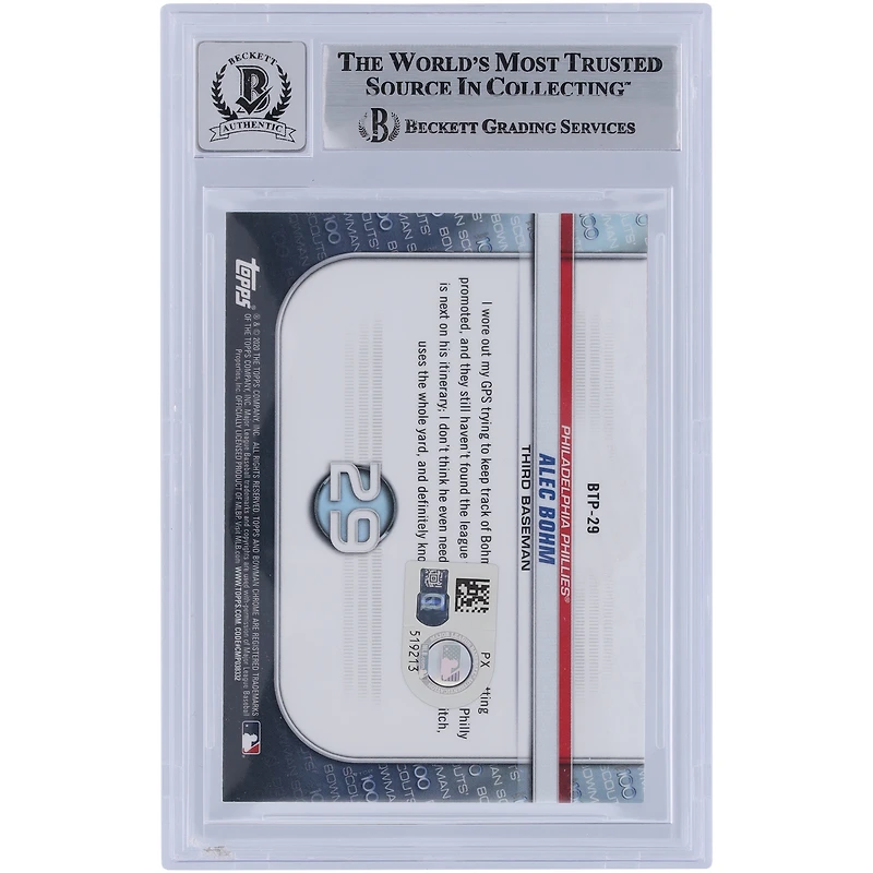 Alec Bohm Philadelphia Phillies Autographed 2020 Bowman Chrome Scouts Top 100 #BTP-29 Beckett Fanatics Witnessed Authenticated 9/10 Card