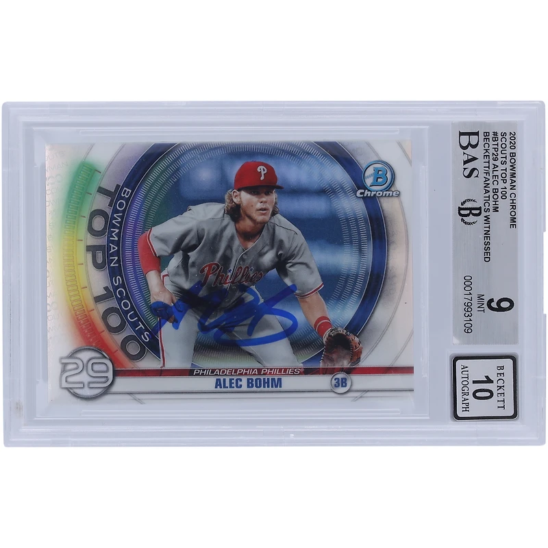 Carte autographiée 2020 Bowman Chrome Scouts Top 100 #BTP-29 Beckett Fanatics Witnessed Authenticated 9/10 des Phillies de Philadelphie