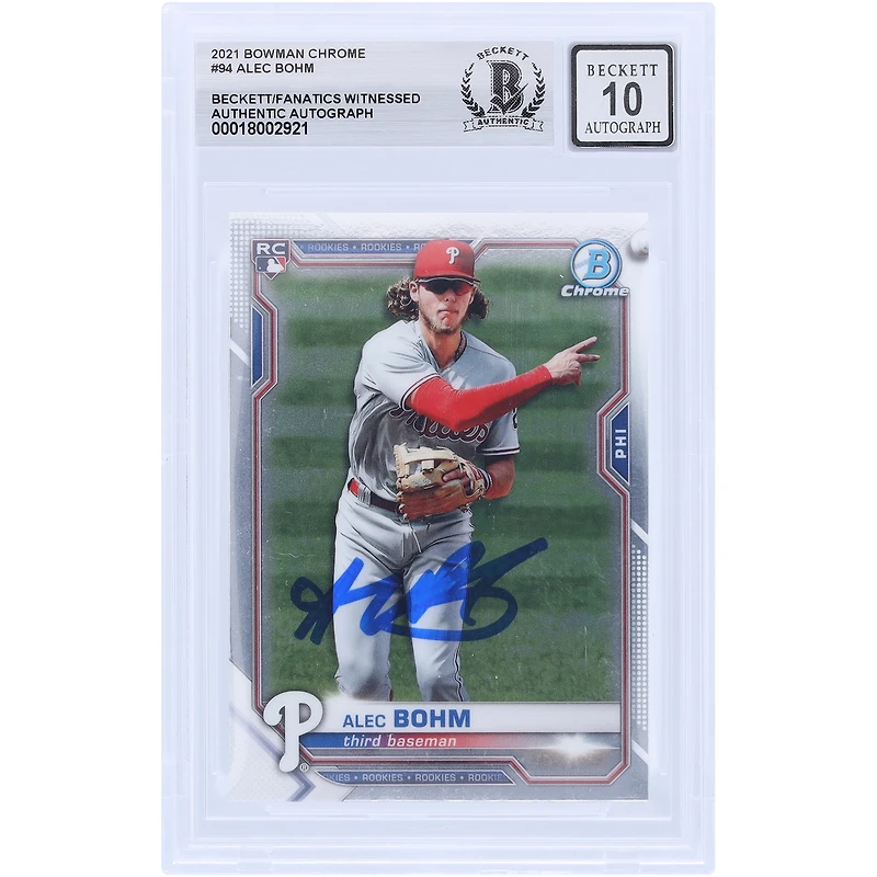 Alec Bohm Philadelphia Phillies Autographed 2021 Bowman Chrome #94 Beckett Fanatics Witnessed Authenticated 10 Rookie Card