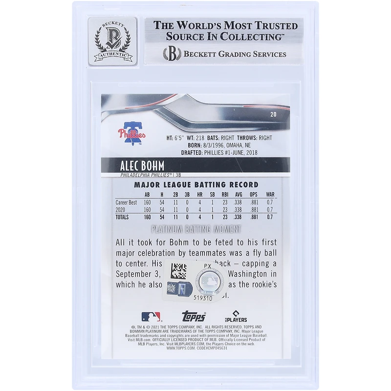 Alec Bohm Philadelphia Phillies Autographed 2021 Bowman Platinum Ice Foil #20 Beckett Fanatics Witnessed Authenticated 10 Rookie Card