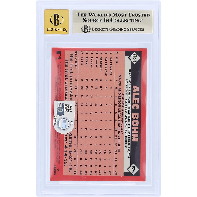Alec Bohm Philadelphia Phillies Autographed 2021 Topps Chrome '86 Topps #86BC-14 Beckett Fanatics Witnessed Authenticated 9.5/10 Rookie Card