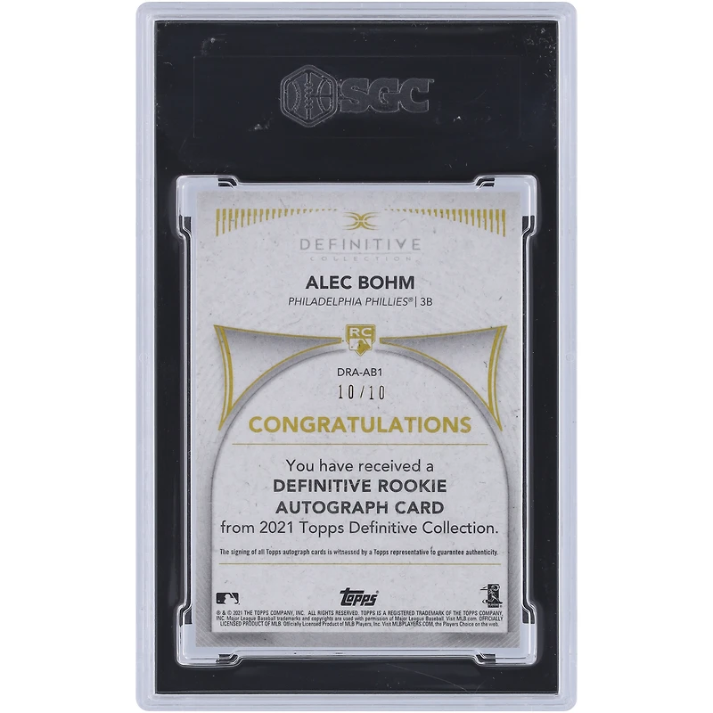 Carte de recrue autographiée 2021 Topps Definitive Collection Purple #DRA-AB1 #10/10 SGC authentifiée 9/10 par Alec Bohm des Phillies de Philadelphie