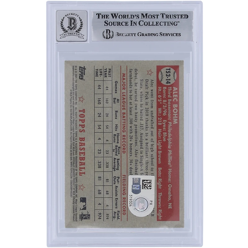 Alec Bohm Philadelphia Phillies Autographié 2021 Topps Série 1 '52 Topps Redux #T52-14 Beckett Fanatics Witnessed Authentifié 9/10 Rookie Card