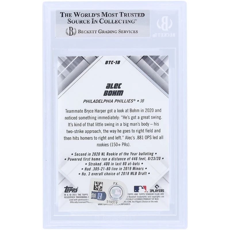Alec Bohm Philadelphia Phillies Autographed 2021 Topps Stadium Club Chrome Beam Team #BTC-18 Beckett Fanatics Witnessed Authenticated Rookie Card