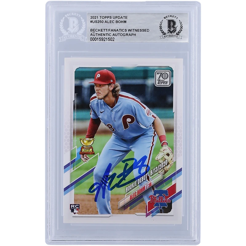 Alec Bohm Philadelphia Phillies Autographié 2021 Topps Mise à jour #US250 Beckett Fanatics a été témoin d'une carte recrue authentifiée