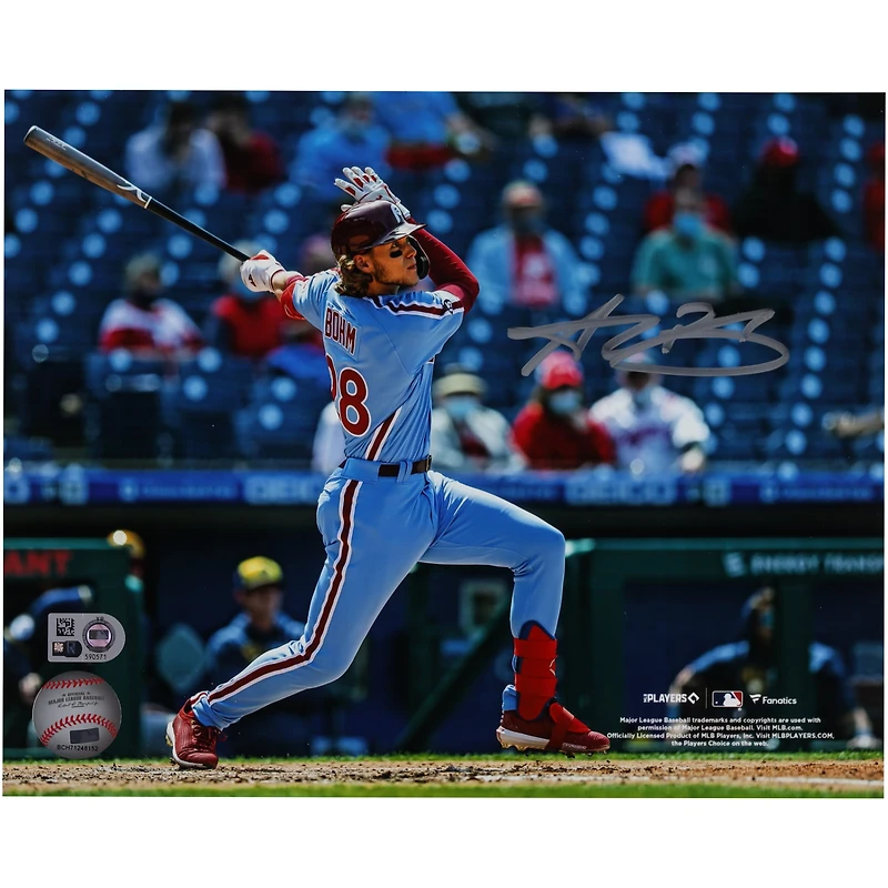 Maillot bleu clair dédicacé Alec Bohm Philadelphia Phillies 8" x 10" Swinging Bat
