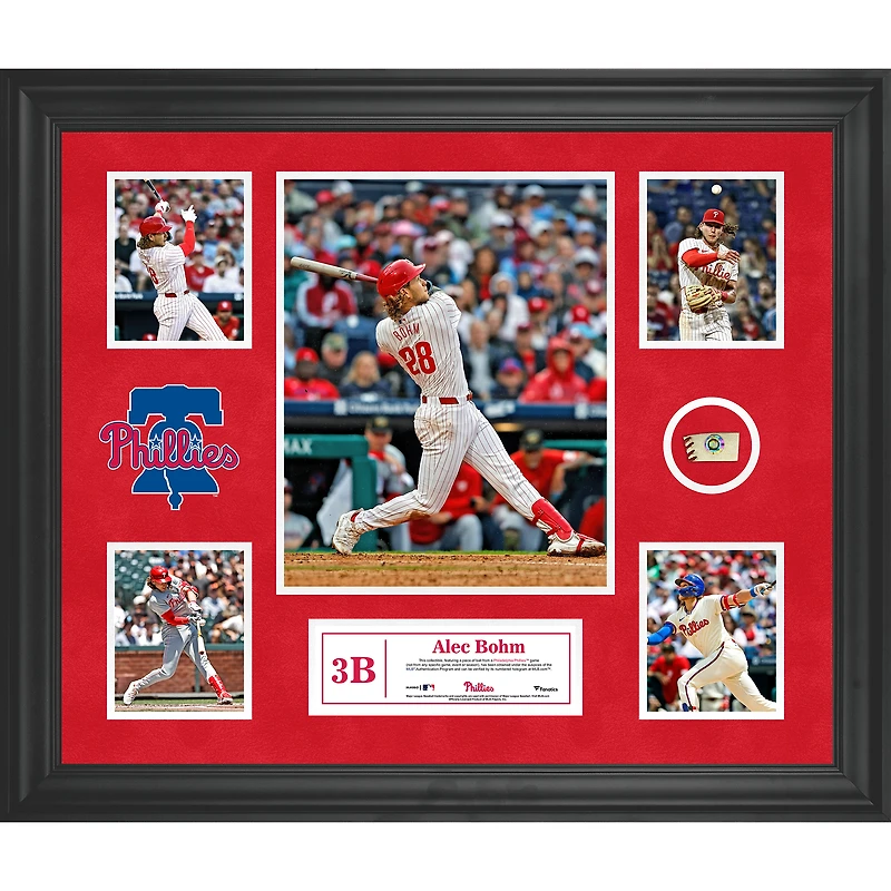 Collage encadré de 5 photos des Philadelphia Phillies d'Alec Bohm avec un morceau de balle utilisée lors du match