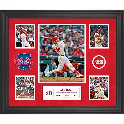 Collage encadré de 5 photos des Philadelphia Phillies d'Alec Bohm avec un morceau de balle utilisée lors du match