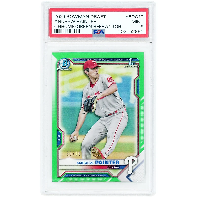 Carte Andrew Painter Philadelphia Phillies 2021 Bowman Chrome 1ère édition Bowman Green Refractor #BDC-10 #55/99 authentifiée PSA 9
